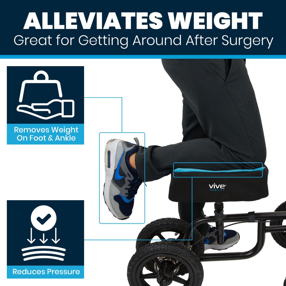 Knee walker with text highlighting its benefits for weight alleviation and reduced pressure after surgery.