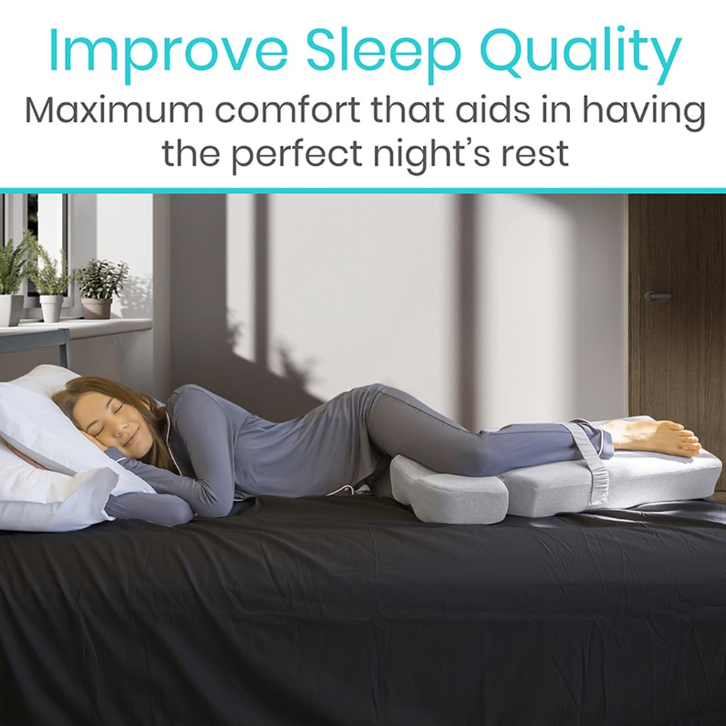 Woman lying on a bed with pillows and a wedge, with text about improving sleep quality.