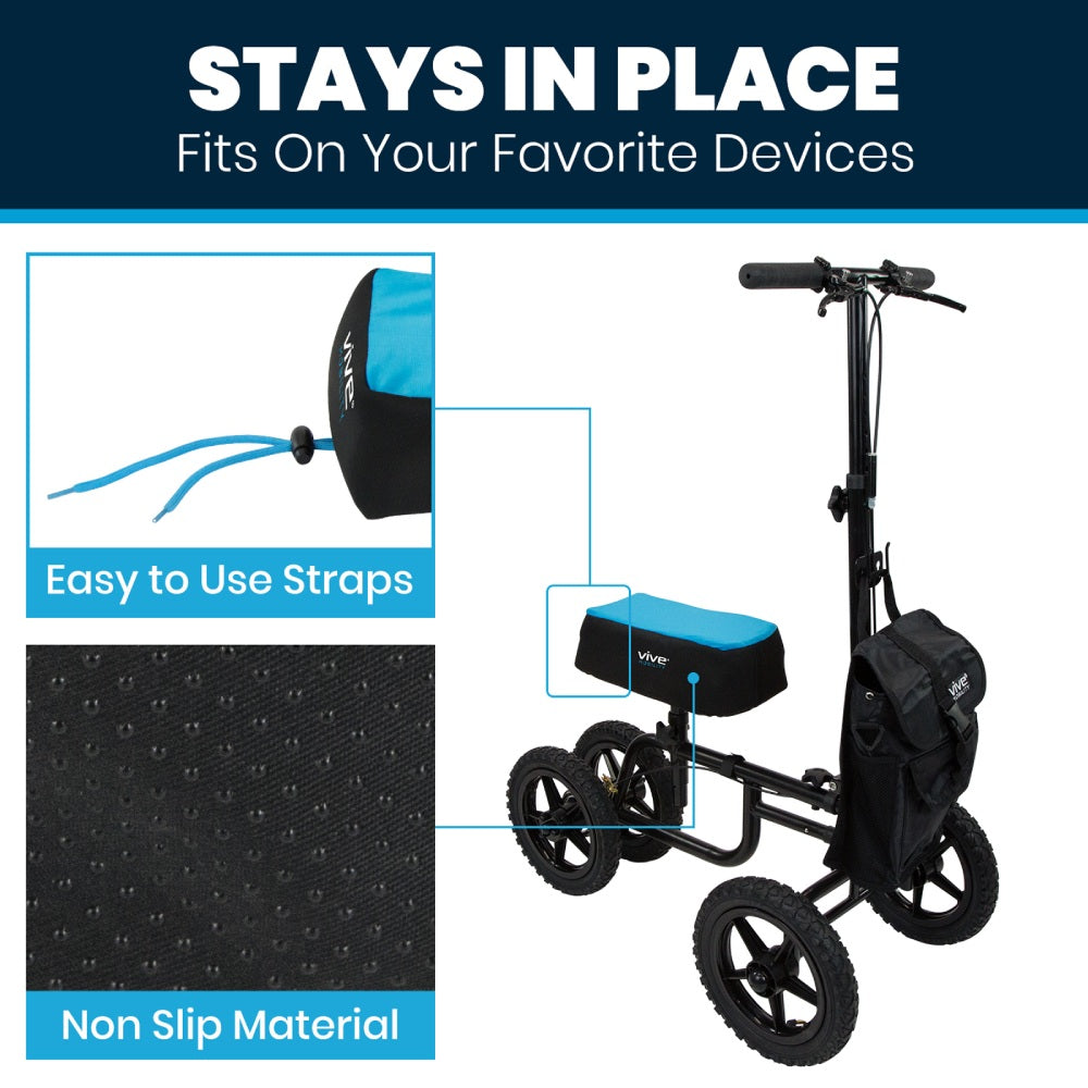 Knee scooter with straps and non-slip material on a blue background