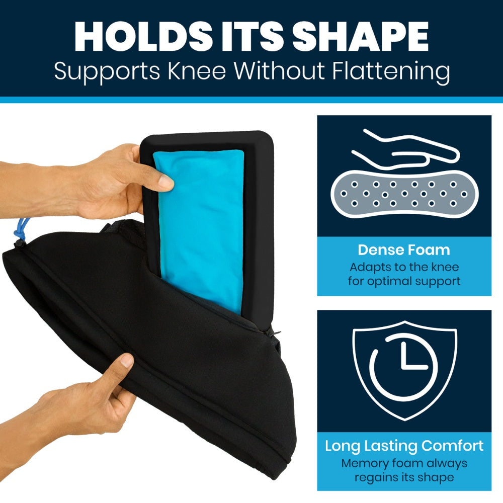 Black knee support with blue interior, held by a hand, against a white background with text and icons about its features.