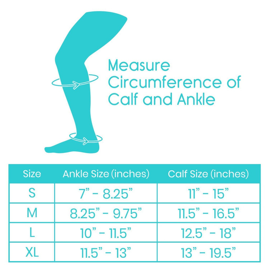 Measurement chart for socks showing how to measure calf and ankle circumference with a blue outline of a leg.