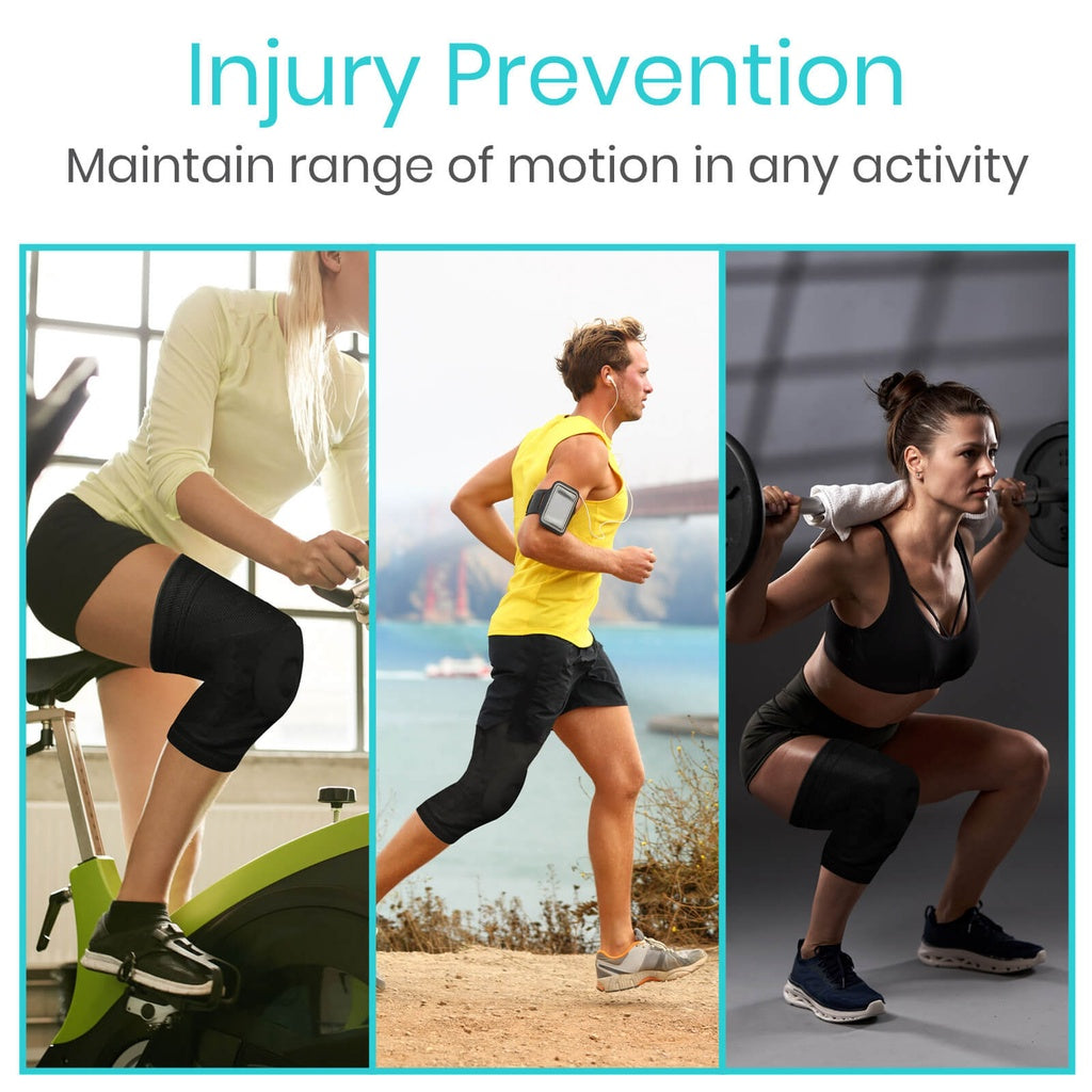 Three people exercising with text 'Injury Prevention' and 'Maintain range of motion in any activity'.