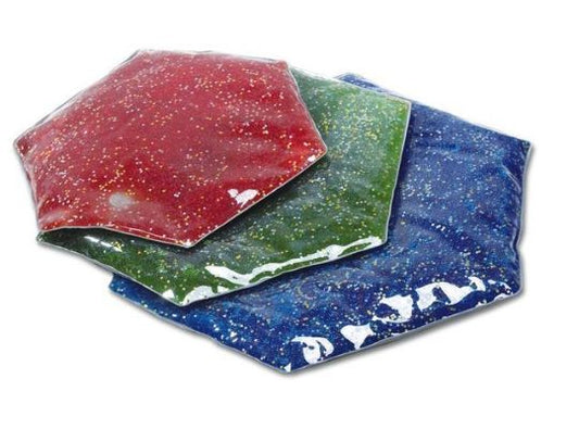 Three colorful hexagonal tiles with a speckled pattern on a white background