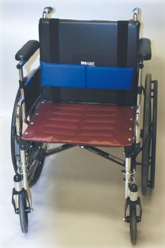 Wheelchair with blue backrest and red seat on a white background