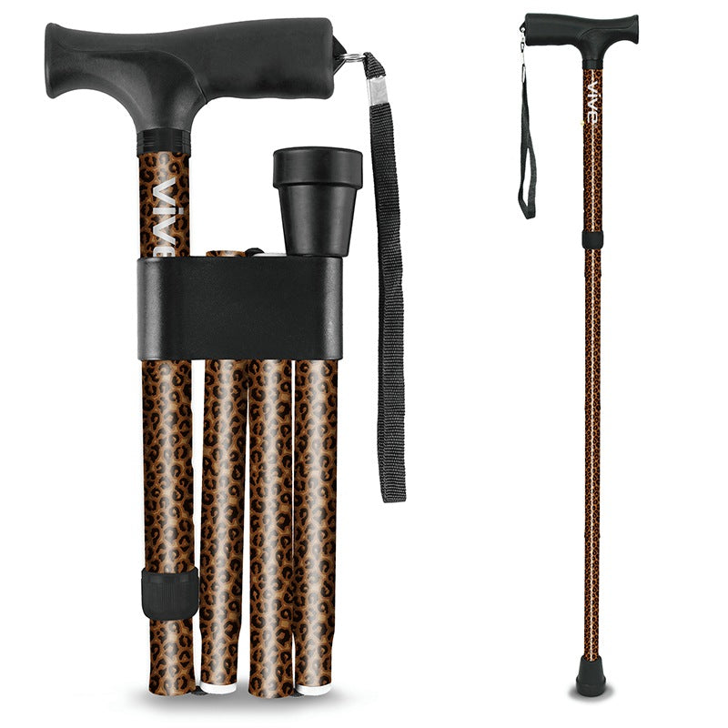 Foldable walking cane with leopard print design on a white background
