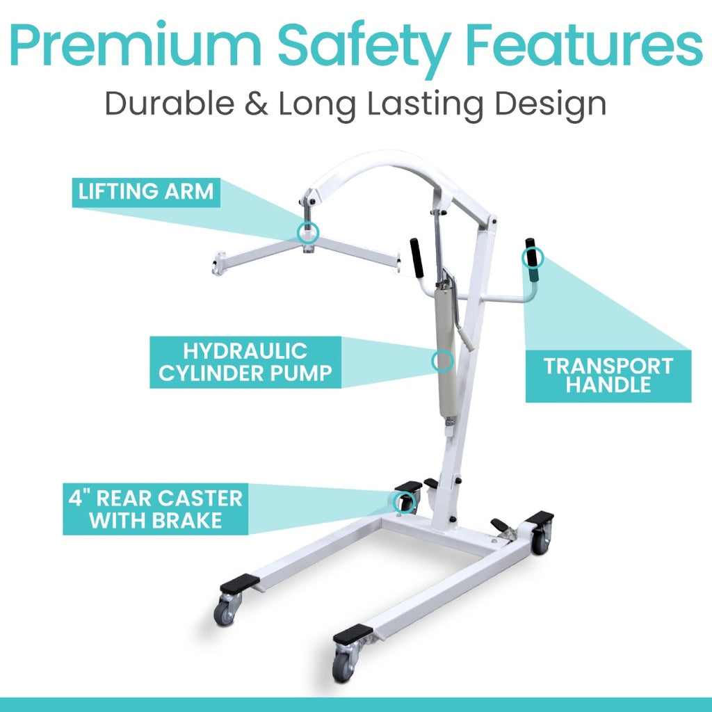 Medical patient lift with labeled safety features on a white background