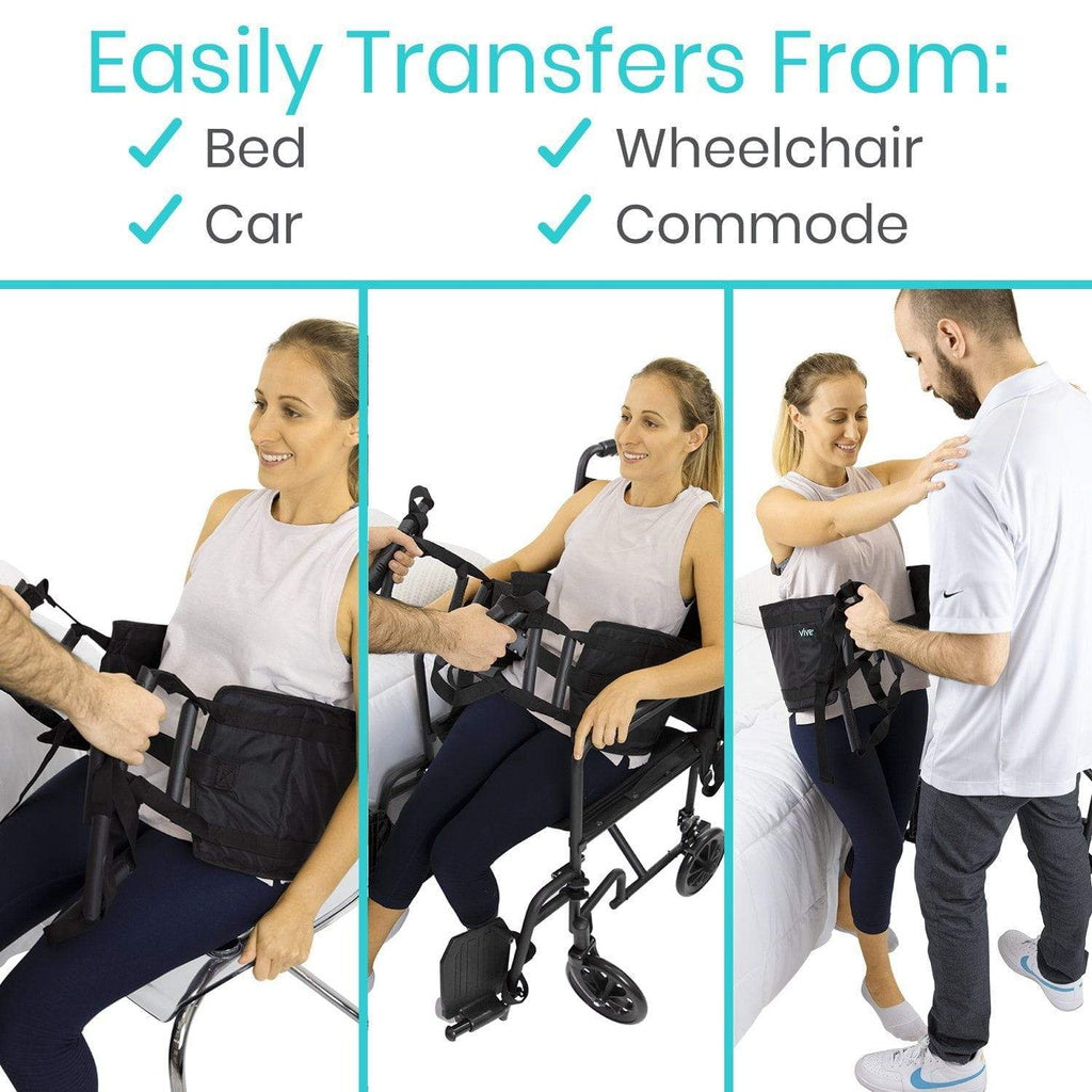 Product showing ease of transfer from bed, wheelchair, and commode with a person using it.