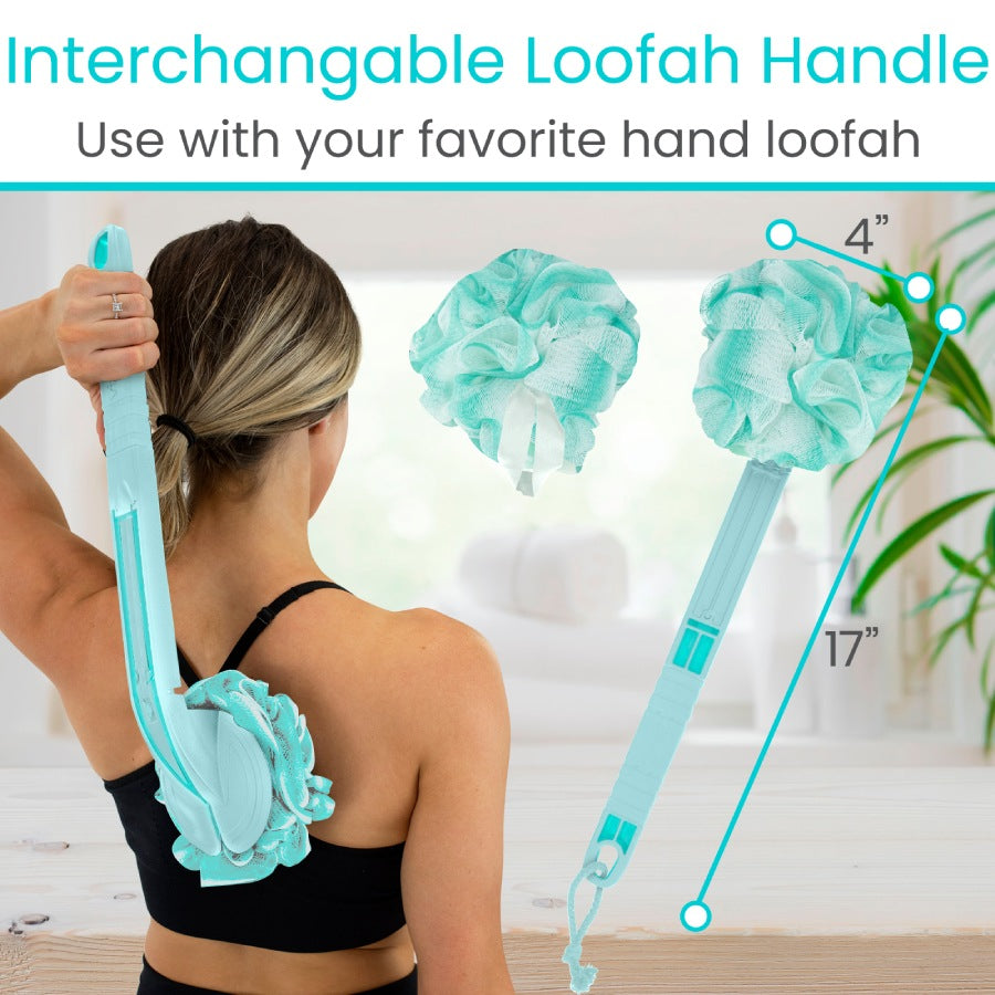 Woman using an interchangeable loofah handle with a loofah attachment, set against a blurred indoor background.
