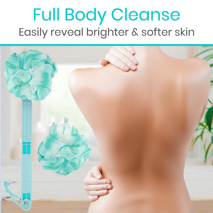 Person using a bath brush with text about full body cleanse and skin benefits.