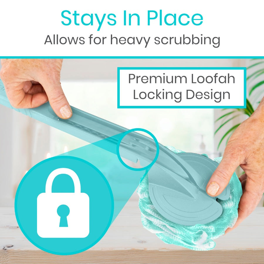 Person using a loofah with text highlighting its locking design and scrubbing capabilities.