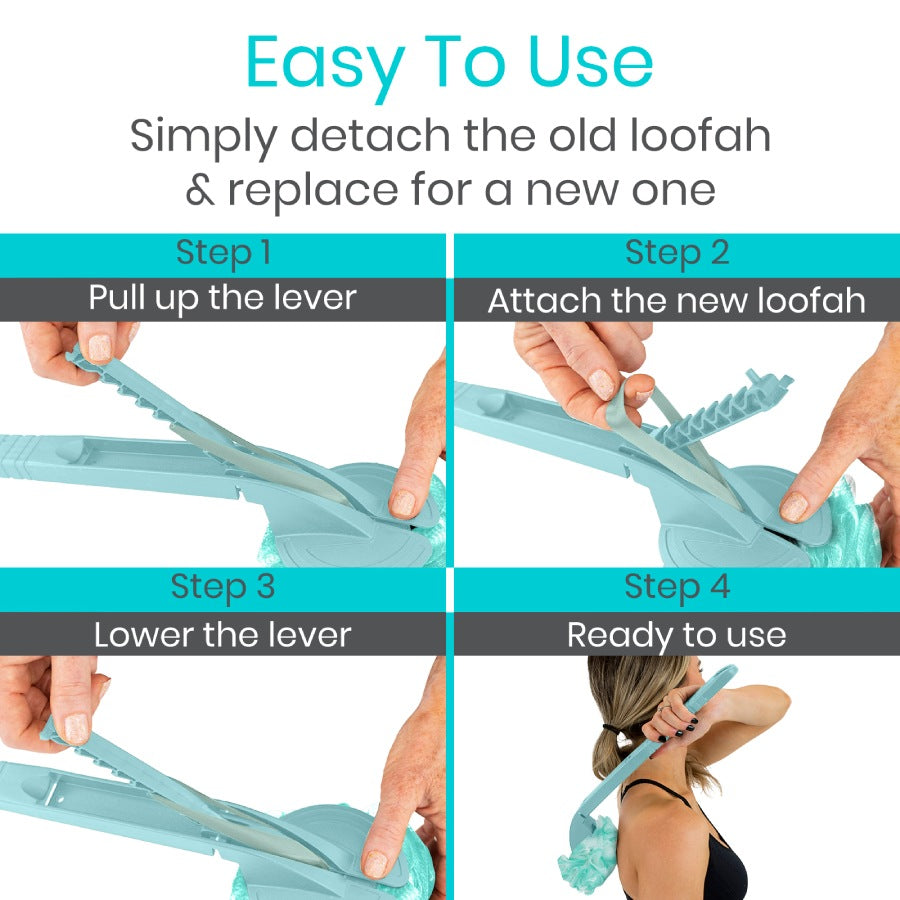 Instructions on how to use a loofah attachment with a lever mechanism.