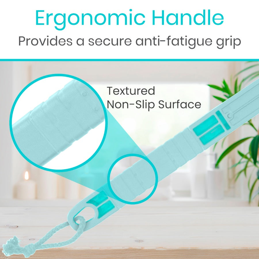 Teal cleaning tool with ergonomic handle and text highlighting features