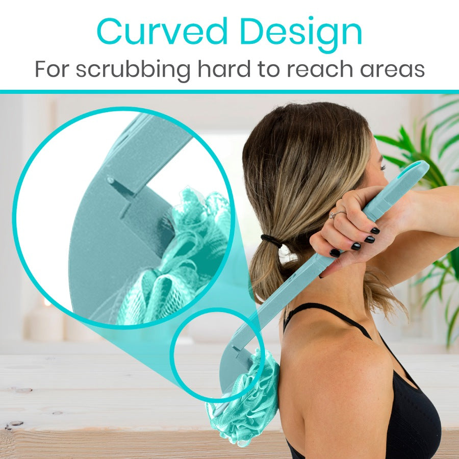 Woman using a cleaning tool with a curved design for hard-to-reach areas, with text indicating its feature.