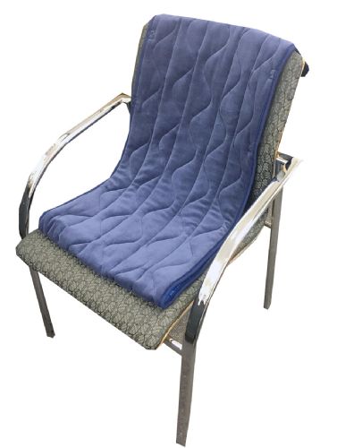 Blue quilted chair pad on a metal chair with a white background