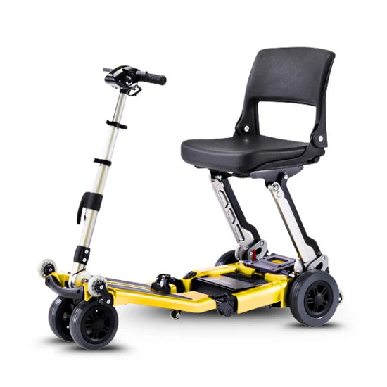 Yellow scooter with a black seat on a white background
