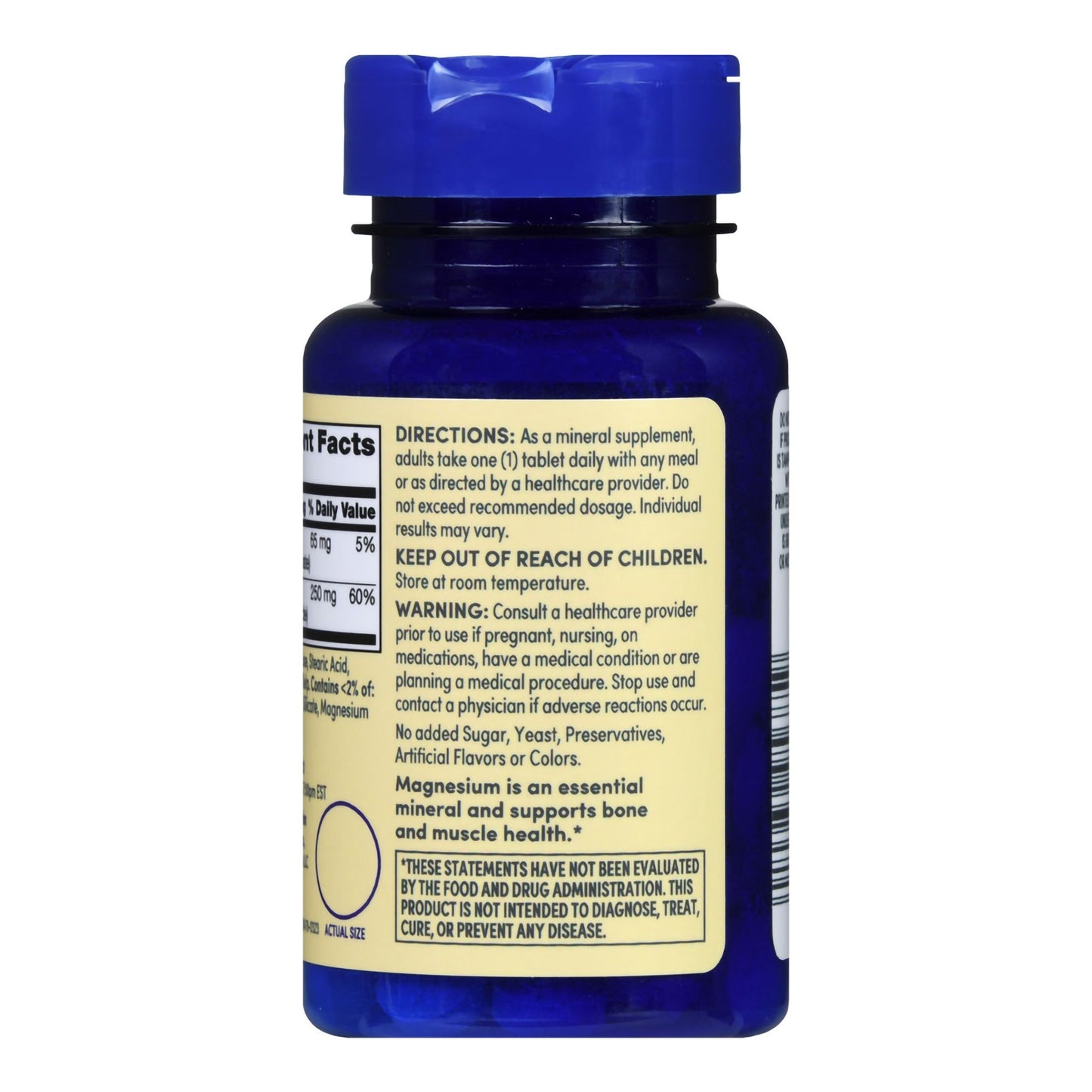 Blue supplement bottle with label on a white background