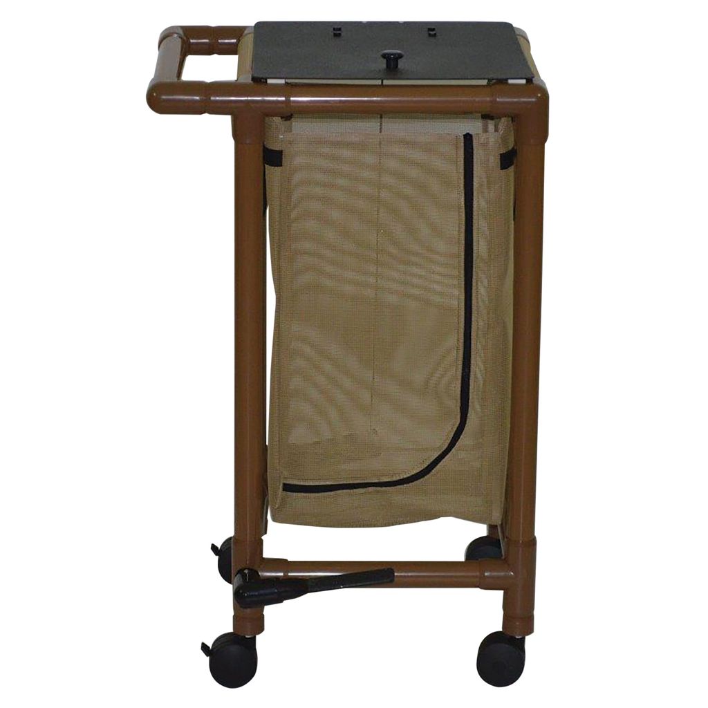 Brown laundry cart with beige bag on a white background