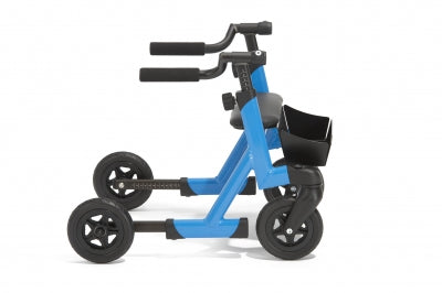 Blue and black tricycle on a white background