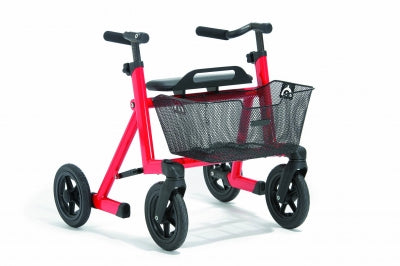 Red walker with a black basket on a white background