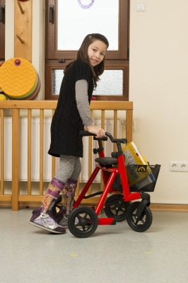 Child riding a red tricycle indoors with a wooden fence and wall in the background