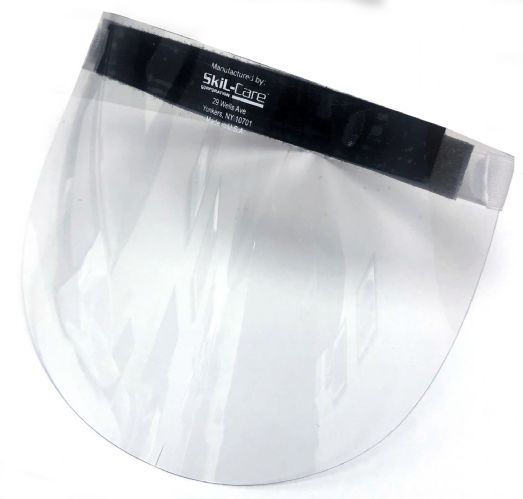Clear face shield with black band featuring 'SkulCare' branding on a white background
