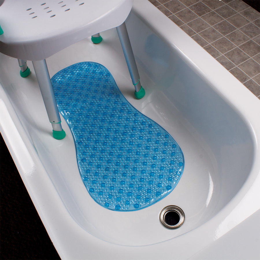 Blue textured mat on a bathtub with a shower stool