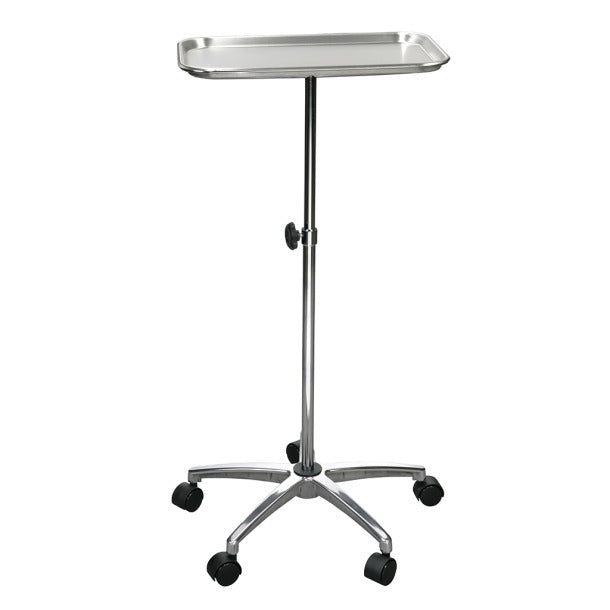Stainless steel medical tray table on wheels with a white background