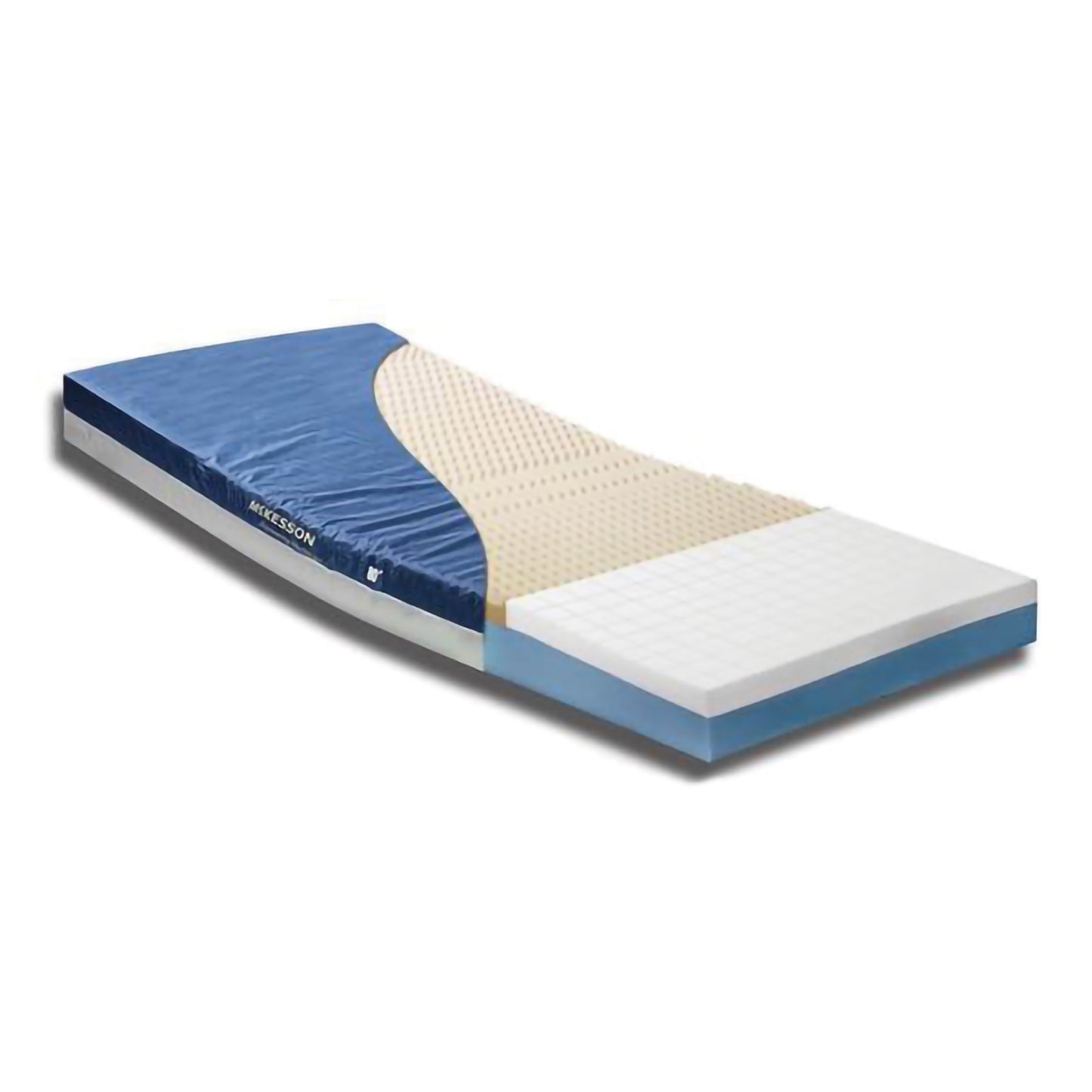 Mattress with blue and beige layers on a white background