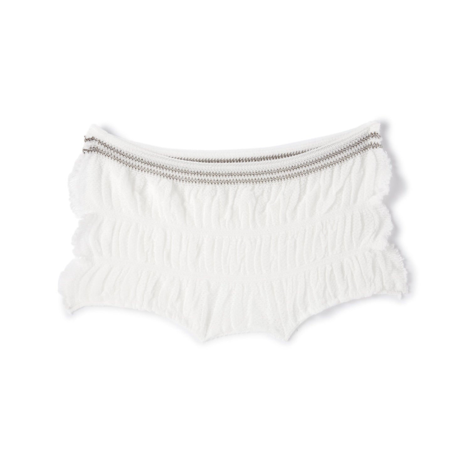 White ribbed bikini bottom with a subtle pattern on a white background