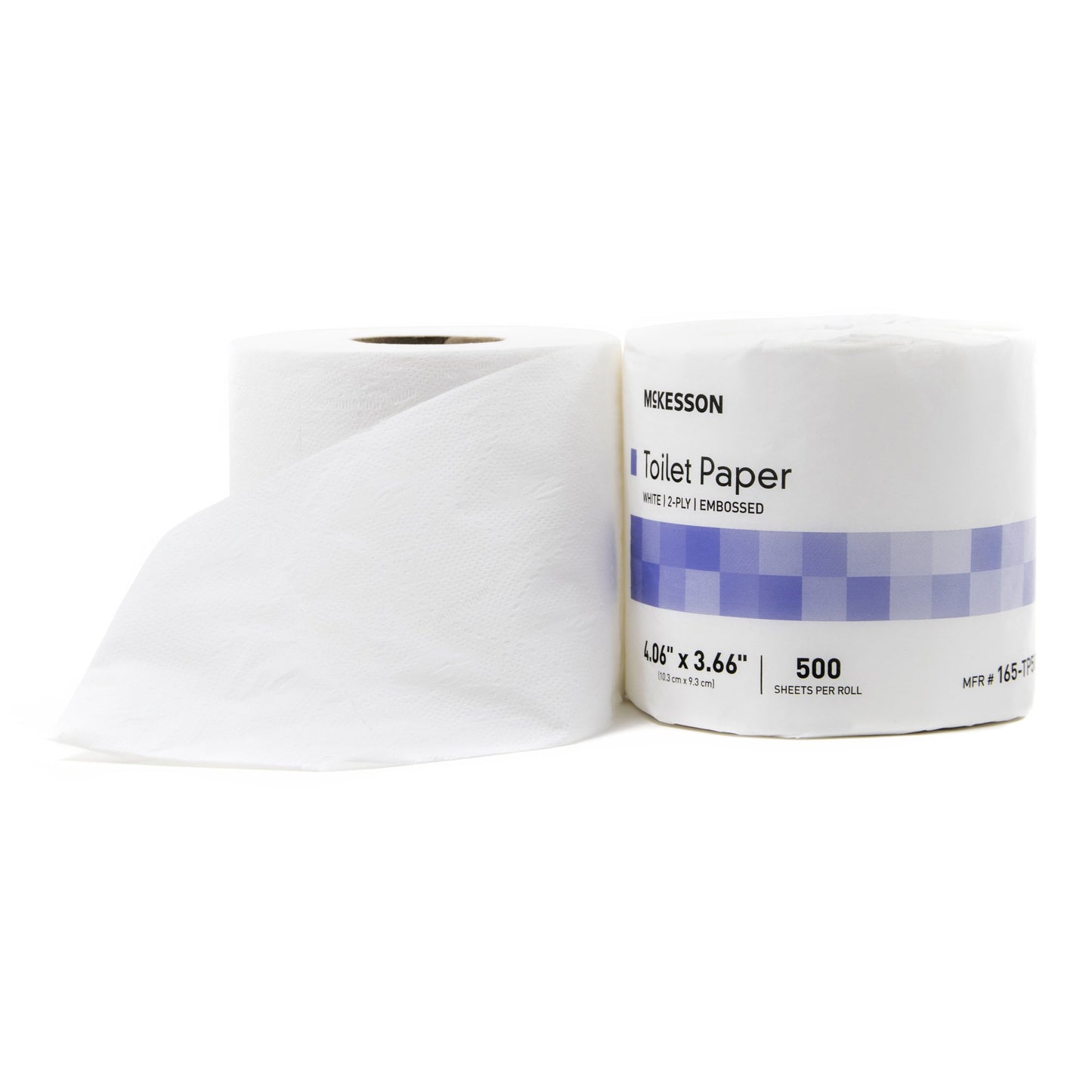 Roll of toilet paper with a visible brand label on a white background