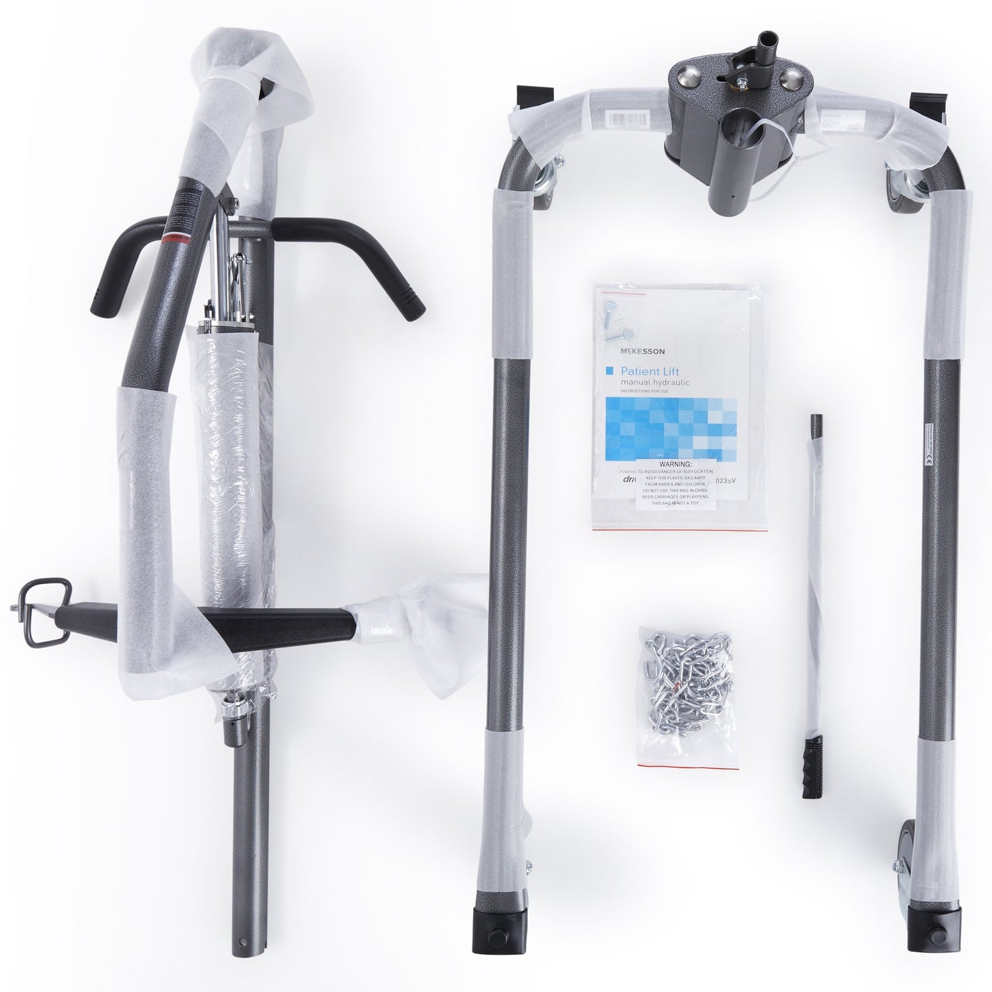 Set of bicycle components including handlebars and frame on a white background