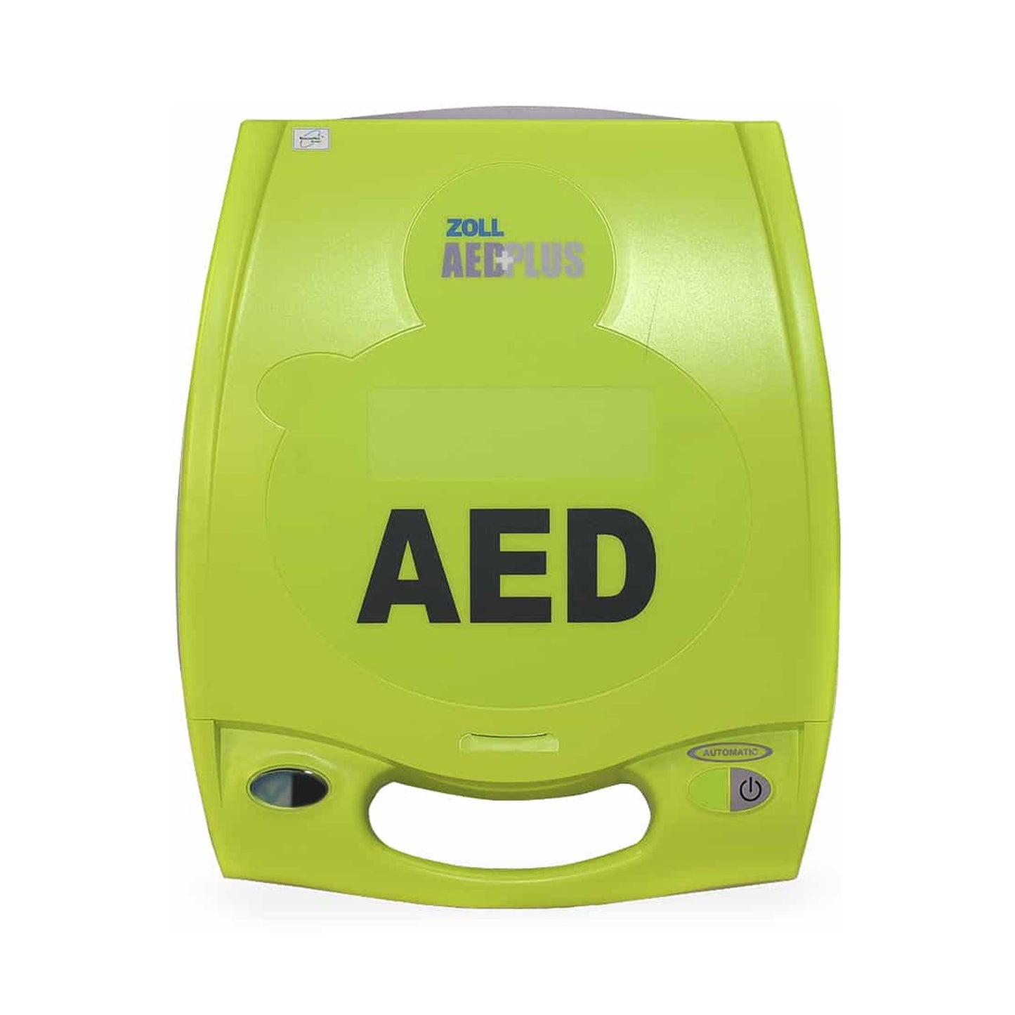 Green AED device with 'ZOLL' branding on a white background