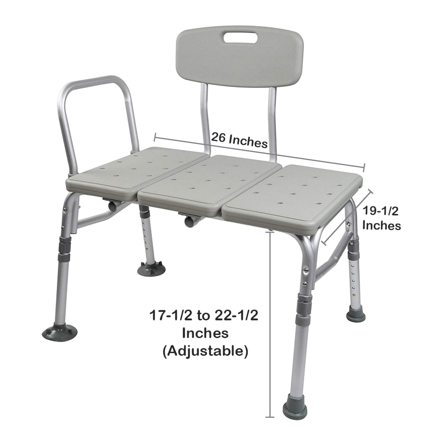 Gray adjustable bath chair with measurements on a white background
