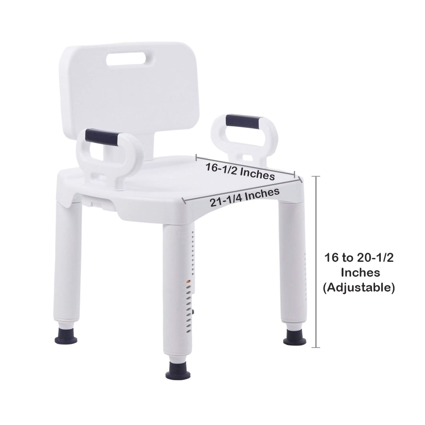 White adjustable shower chair with measurements on a white background