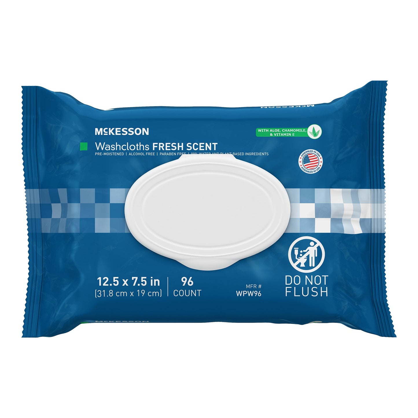 Blue McKesson washcloths packaging with white washcloths on a white background