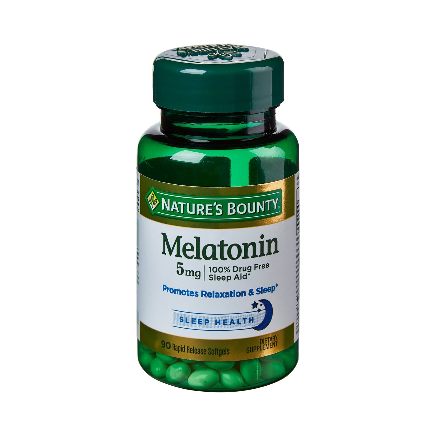 Bottle of Nature's Bounty Melatonin supplements on a white background
