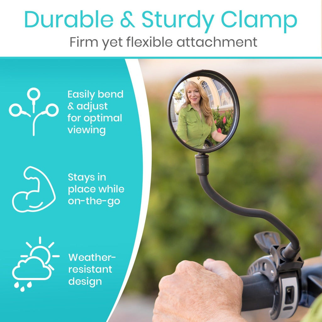 Handheld mirror with clamp attachment on a blurred outdoor background, featuring text about durability and flexibility.
