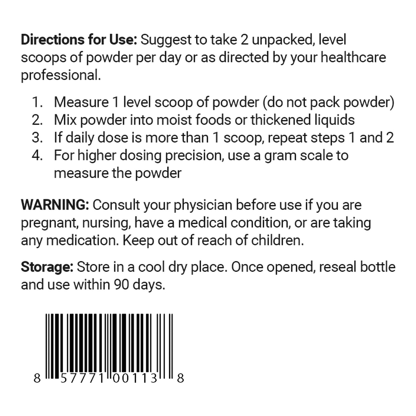 Directions for use and storage information on a product label with a barcode.