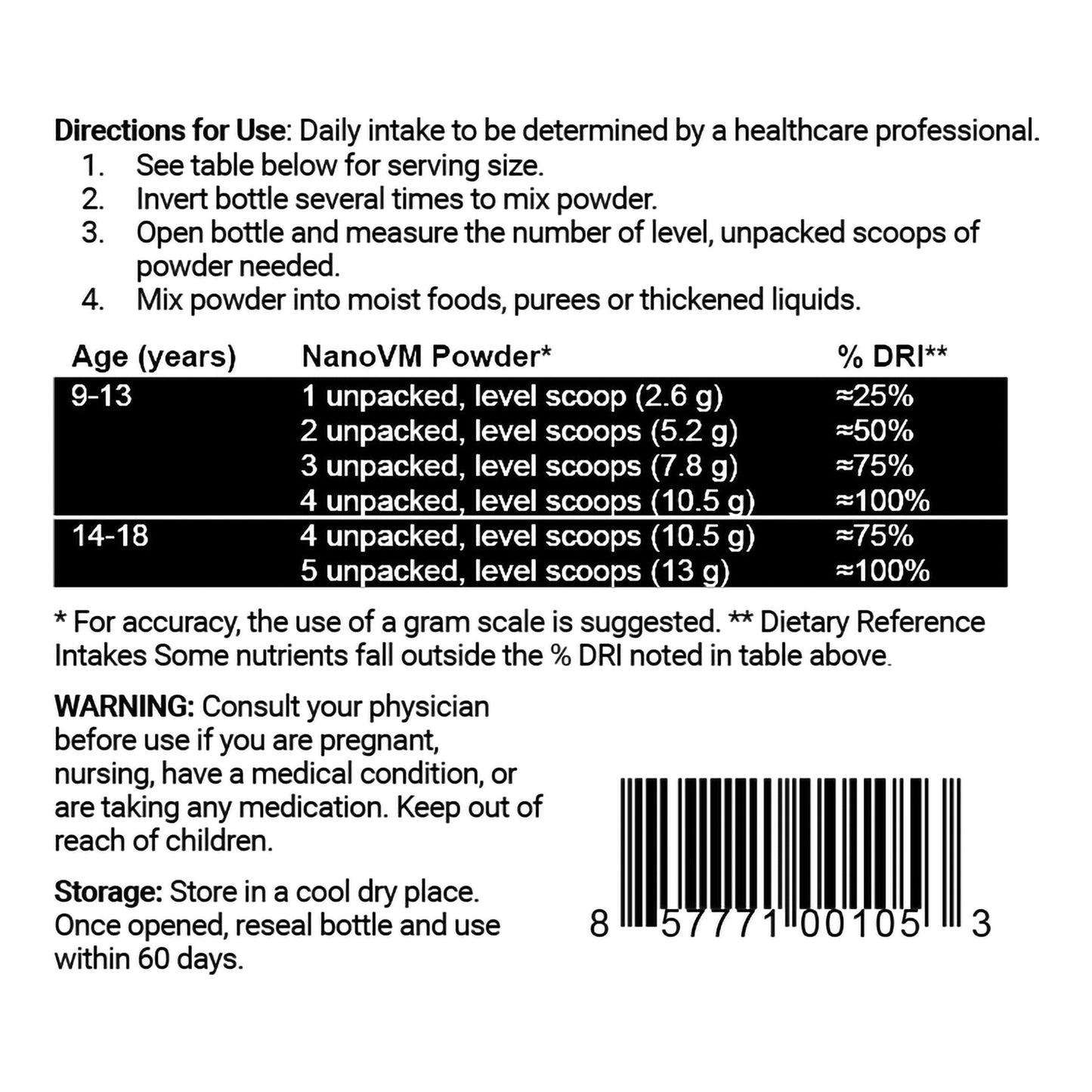 Nanoscale powder packaging with usage instructions and product details.