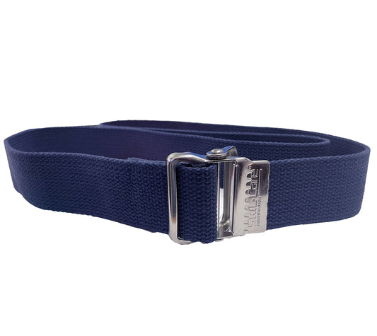 Navy blue gait belt with a silver buckle on a white background