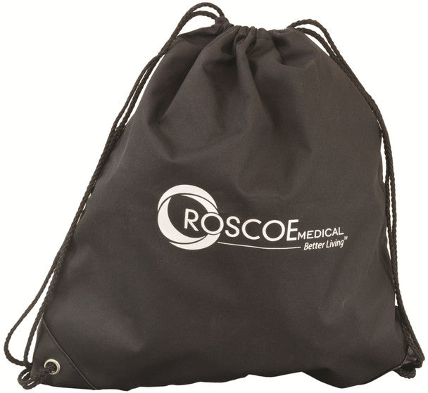 Black drawstring bag with Roscoe Medical logo on a white background
