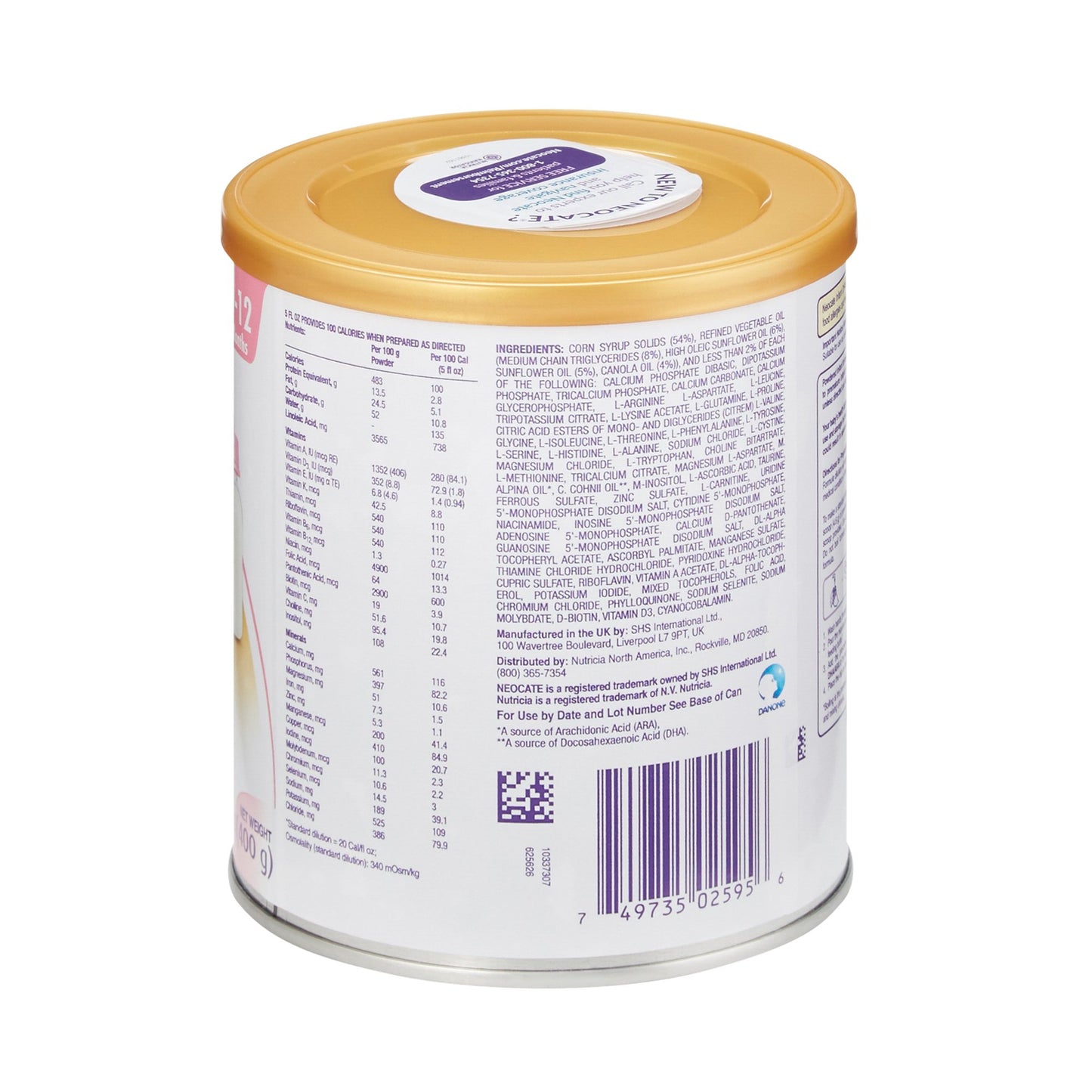 Back view of a baby formula can with gold lid and white label on a white background