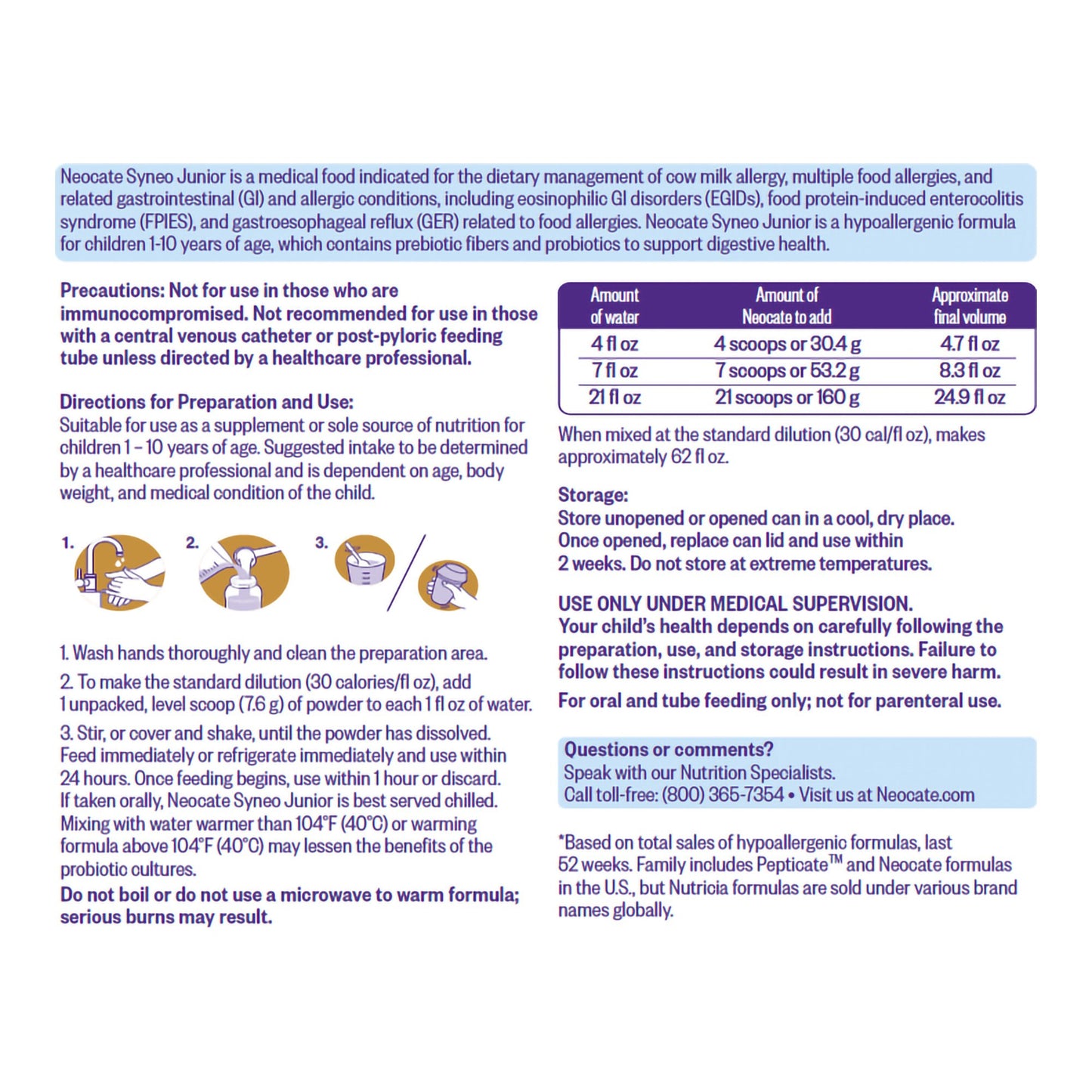 Neocate Syneo Junior medical food formula label with text and icons on a white background