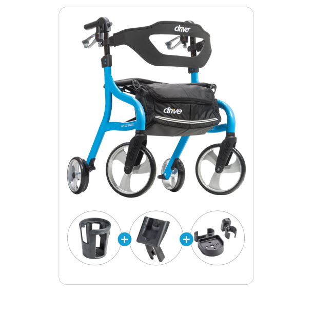 Blue and black rollator with accessories on a white background