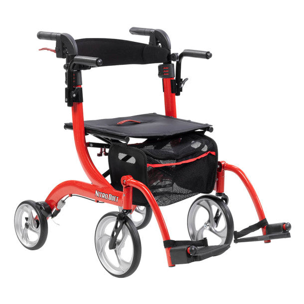 Red and black rollator chair on a white background