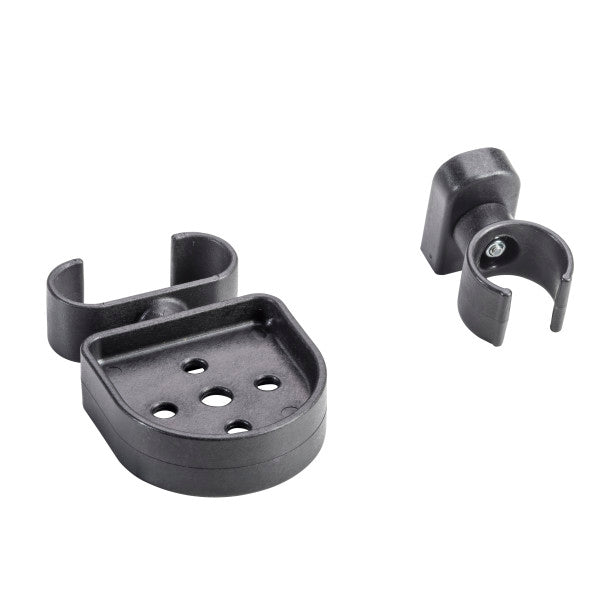 Black metal bracket with two attached arms on a white background