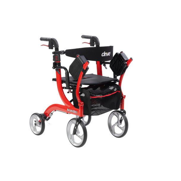 Red and black rollator with 'Drive' branding on a white background
