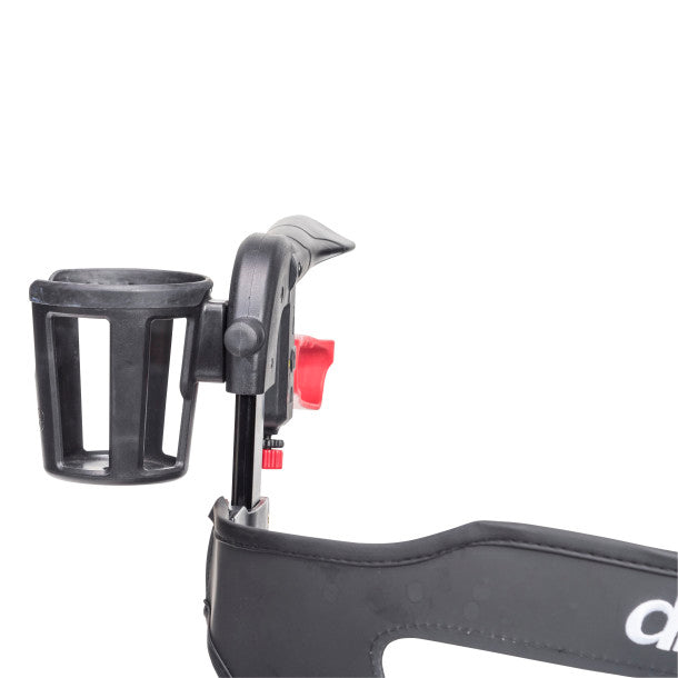 Black scooter cup holder with a red button on a white background