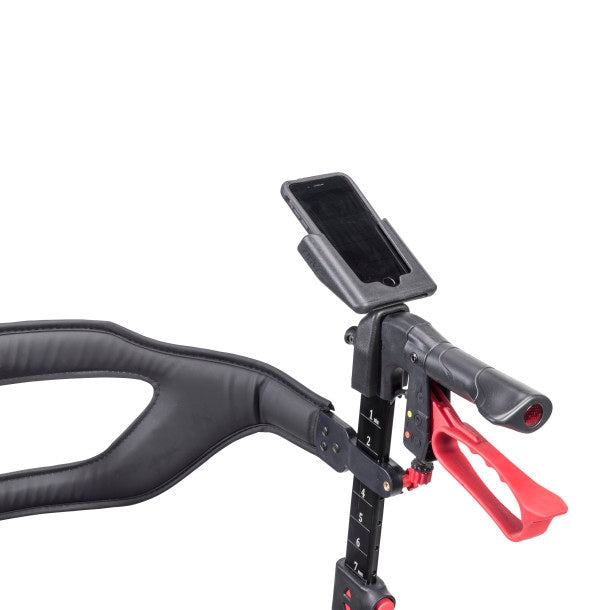 Motorcycle handlebar with mounted phone holder on a white background