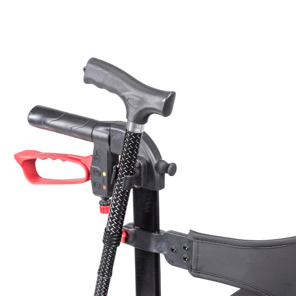 Close-up of a mechanical device with red and gray handles on a white background